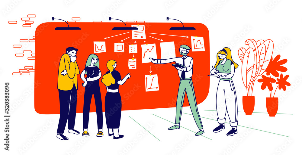 Poster business man explain working plan pointing graphs and stick notes on workwall create strategy of pro