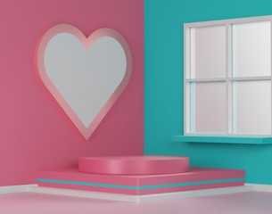  Glossy luxury podium for your design. Pink gift box, Pink balloon and heart on pastel background. Happy Valentine's Day.