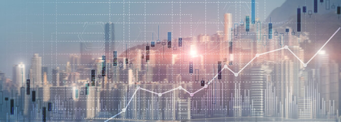 Financial concept investment graph chart diagram double exposure city view skyline.