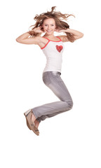 Attractive girl jumping on a white background
