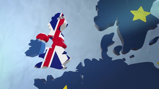 Brexit animation with the European Union map and the United Kingdom disappearing floating out of the constellation of countries - yellow symbolic stars