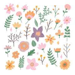 Fototapeta na wymiar Floral bouquet of hand drawn fantasy folk flowers. Botanical illustration in flat cartoon style. Great as banner, print and card. Vector