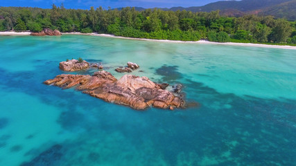 Praslin, Seychelles Islands. Amazing aerial view of beautiful tropical beach
