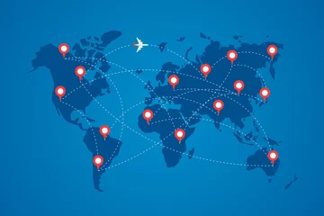 Foto auf Glas World map with destination marker pins and plane travel routs. Top view airplane with flight paths between continents vector blue illustration © Azat Valeev