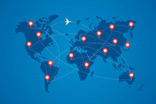 World map with destination marker pins and plane travel routs. Top view airplane with flight paths between continents vector blue illustration