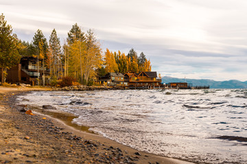 Sunset view over the houses and docks on the shore of Lake Tahoe