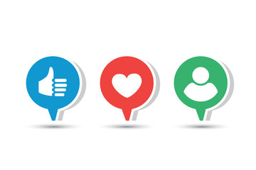 set of three paper social icons about friendship and likes