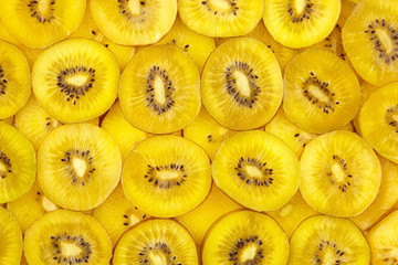 Kiwi Gold fruit background. Fresh juicy yellow kiwi slices with black seeds, top view