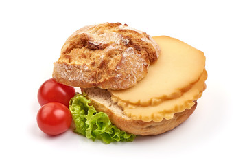 Sliced smoked cheese sandwich, isolated on white background