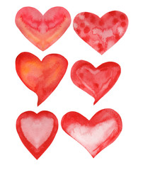 Watercolor illustration of red hearts valentines day, set. Hand-drawn watercolor paints. Great for all types of design.