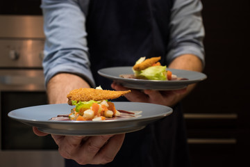 chef holding a culinary appetizer on a plate in kitchen. duck white vegatables