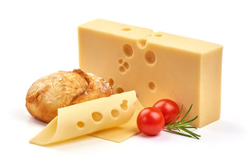 Emmental cheese triangle, isolated on white background