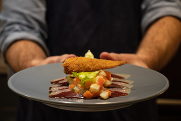chef holding a culinary appetizer on a plate in kitchen. duck white vegatables