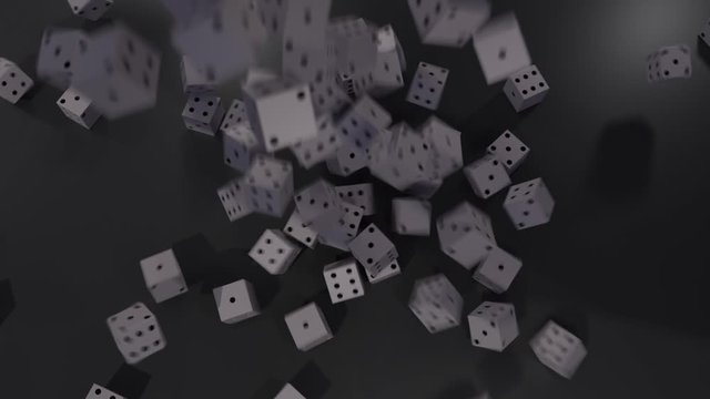 Many white dice pouring out onto a dark black table; hundreds rolling spinning and tumbling