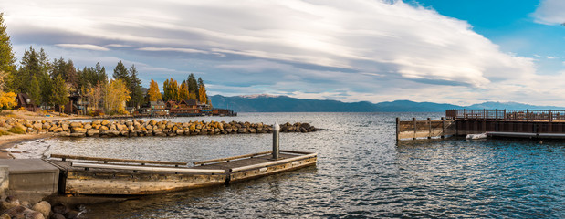Panoramic view of the houses and docks on the shores of Lake Tahoe from Tahoe Vista