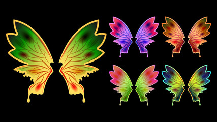Set different colorful flame gradient butterfly wings
