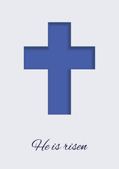 He is risen. Paper cut style, cross shaped. Happy easter greeting card template.