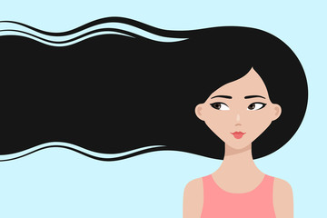 Happy cartoon asian girl with long flowing hair