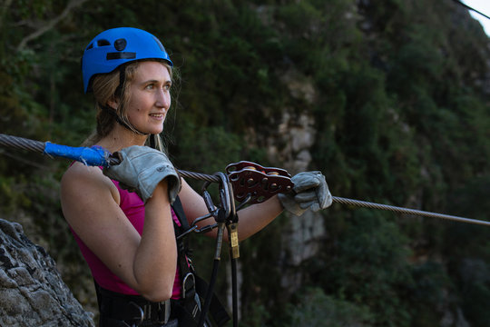 Caucasian woman ready to zip line