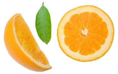 Slices of orange with leaf isolated on the white background. Flat lay, top view