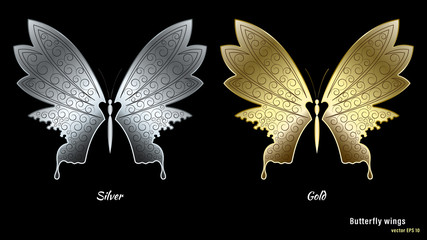 Silver and gold metal butterfly wings with a pattern isolated