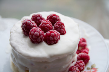 Frozen raspberries in white cream delicious dessert on a blurred background.