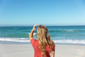 Rear view of young woman at the beach