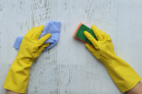 Household Gloves And Cleaning Rag, View From Above