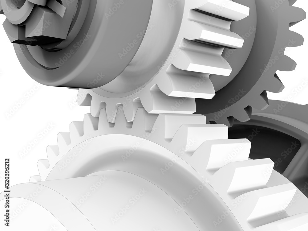 Poster 3d rendering - gears mechanism closeup