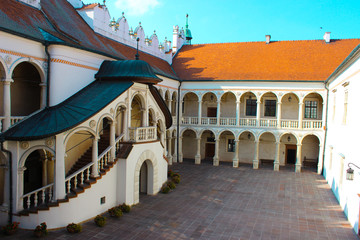 Baranow Sandomierski, Poland - October 08, 2013: View of the castle courtyard filled with arched...
