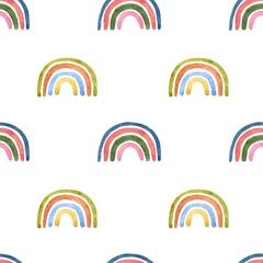 Tapeten Nahtloses Muster der netten Aquarellregenbögen. Einfache Regenbogenillustration der neutralen Farben auf weißem Hintergrund. Handgemalte Tapete im Kinderzimmer-Stil © Anna Nekotangerine