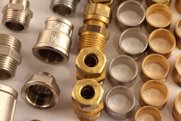 Close up plumbing equipment on white backdrop, industrial texture for background