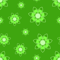 Seamless repeat pattern with light green flowers on green background. drawn fabric, gift wrap, wall art design, wrapping paper, background, fabric print, web page backdrop.