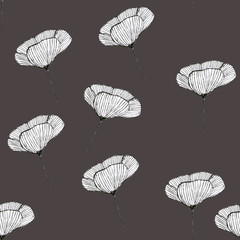 seamless pattern - poppy flower drawing with a simple pencil for wrapping paper, gray background, fabric print, wallpaper, card.