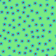 Seamless repeat pattern with turquoise flowers on light green background. drawn fabric, gift wrap, wall art design, wrapping paper, background, fabric print, web page backdrop.