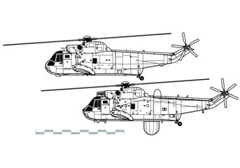 Sikorsky SH-3 Sea King. Vector drawing of military helicopter. Side view. Image for illustration.