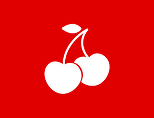 Cherry. Ripe red cherry berries with leaves. Cherry icon isolated on red background.