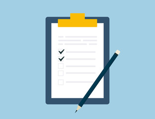 Clipboard. Clipboard with checklist. Clipboard border vector web icon isolated on blue background, EPS 10, top view