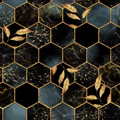 Foto op Plexiglas Marmeren hexagons Marmeren zeshoek naadloze textuur met gouden bladeren. Abstracte achtergrond