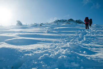 Two mountaineers on the way to the summit on snowy ground, a sunny winter morning