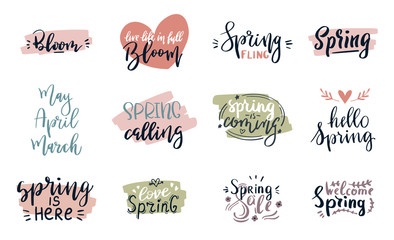 Spring time lettering greeting cards set special springtime sale typography poster in pink, green and white colors vector illustration. Spring or summer time handmade text quote