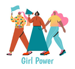 Stylish women dressed in trendy clothes. Girl power concept.Hand drawn colored vector illustrations. Happy women or girls standing together on rally. group of woman walking, power, strong, strength