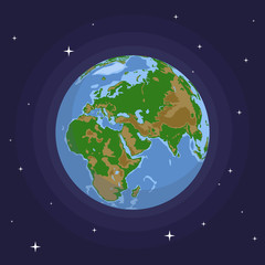 Earth in outer space among stars, flat vector illustration
