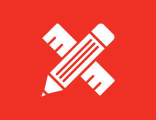 Pencil and ruler. Crossed pencil and ruler vector web icon isolated on red background, EPS 10, top view