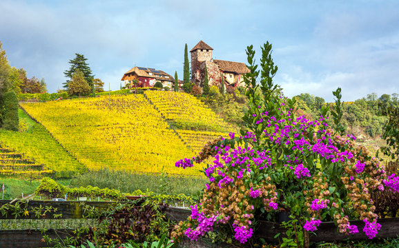 Warth Castle in Trentino Alto Adige, Italy. Autumn landscape with vineyard