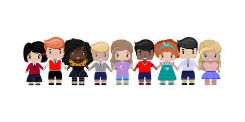 Happy children of different races and colors hold hands and smile. Color vector illustration on white background