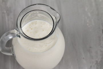 Kefir in glass jug isolated on grey background, healthy food and  diet concept, empty space for text