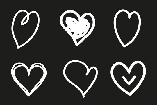 White hearts on isolated black background. Black and white illustration. Valentine's day