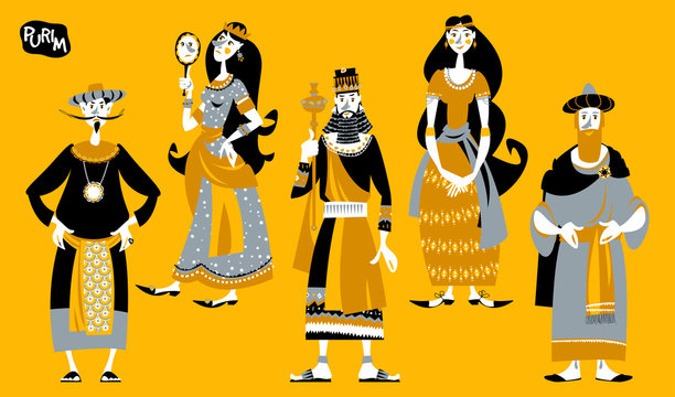 Purim. Jewish holiday. Book of Esther characters and heroes: Achashveirosh, Mordechai, Esther, Haman, Vashti.