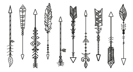 Bow arrows. Set of different rustic arrows with tribal ornaments. Black and white illustration